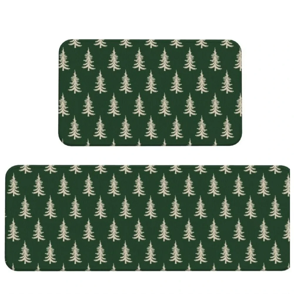 Forest Green Christmas Kitchen Mats Set of 2 Cream Xmas Tree Print Winter Hol...